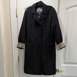 Burberry Black Quilted Long Coat with Signature Check Lining women's size XL